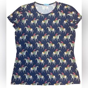 J. McLaughlin top “Winner's Circle" horse and rider print, size L, EUC